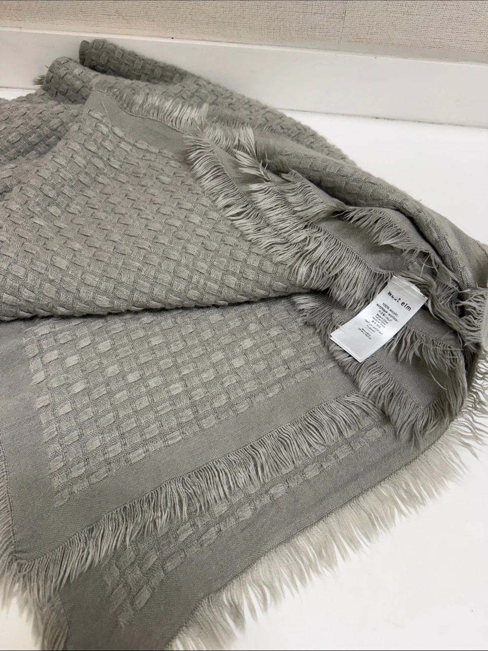 West Elm Neutral Gray Waffle Knit Fringe Throw Blanket